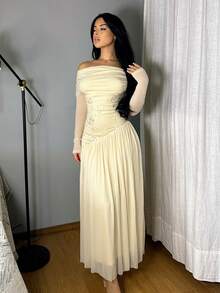 Vassilux Đầm suông dài tay thêu lưới tương phản kiểu mới, một bên vai, viền bất đối xứng, nối siêu dài, co giãn cao, thanh lịch và lãng mạn - Màu be - Xem 6