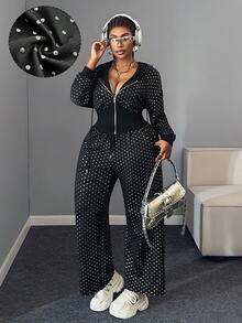 Maweii 2 Stücke/Set Damen Große Größen Schwarz Kapuzen-Sweatshirt mit Kordelzug und weite Hose, Metallic glänzender Stoff, modisches lässiges Streetwear Outfit, Frühling/Herbst/Winter - Schwarz - Übersicht 1