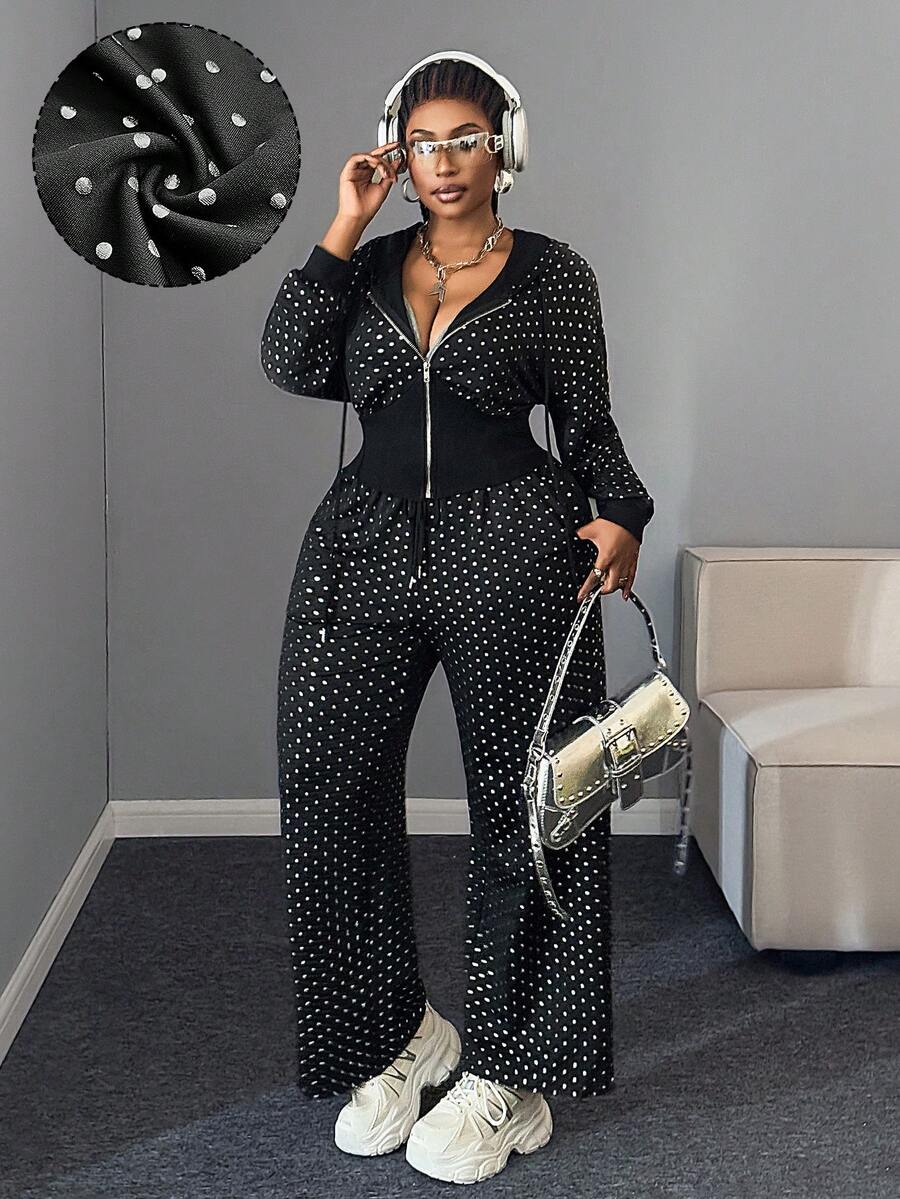 Maweii 2 Stücke/Set Damen Große Größen Schwarz Kapuzen-Sweatshirt mit Kordelzug und weite Hose, Metallic glänzender Stoff, modisches lässiges Streetwear Outfit, Frühling/Herbst/Winter - Schwarz - Übersicht 1