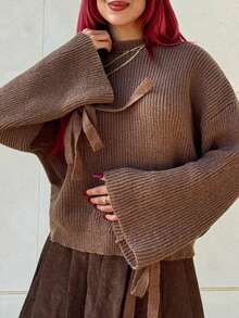 Bearsaez New Autumn/Winter Brown Knitted Ribbed Cuff Tie Loose Pullover Sweater,Knitted Sweater - Chocolate Brown - View 4