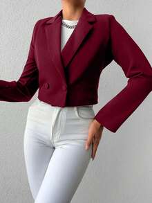 SHEIN Cottnline Women's Solid Color Long Sleeve Two-Button Short Casual Blazer - Burgundy - View 5