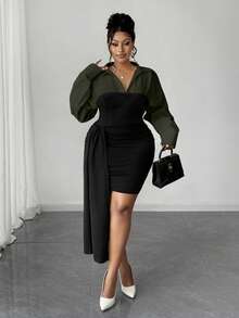 Maweii Plus Size Asymmetrical Ruffle Hem Contrast Color Block Bodycon Dress - Dark Green - View 4