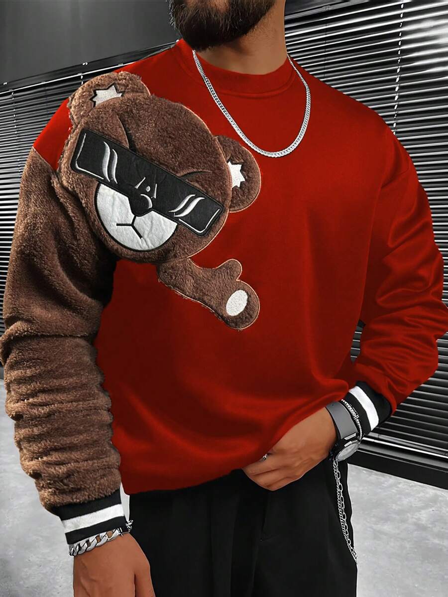 Manfinity Homme 男士卡通熊刺绣圆领长袖休闲卫衣，秋冬款 - 酒紅色 - 查看 1