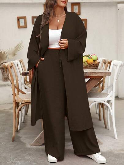 Linhara Conjunto casual de vacaciones de dos piezas: camisa larga tipo cardigan de talla grande y pantalón de pierna recta
