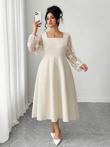 SHEIN Elenzya Đầm xòe cổ vuông tay hoa cỡ lớn họa tiết chắp vá thanh lịch - Màu be - Xem 3