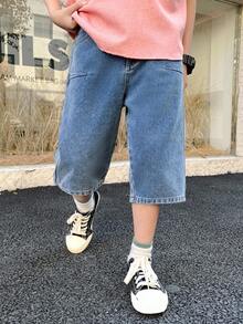 SHEIN 男童时尚休闲拼接细节设计蓝色圆锥形牛仔短裤，柔软舒适，适合日常穿着和四季穿着。 - 藍色 - 查看 2