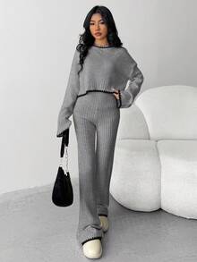 SHEIN 2pcs Teen Girl Casual Comfortable Matching Sweater & Pants Set, Contrast Color Trim - Grey - View 4