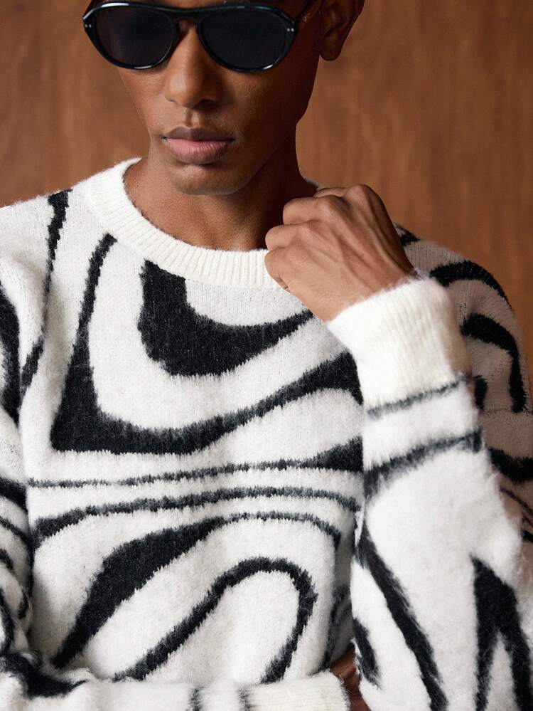 Men's Loose Fit Allover Print Dropped Shoulder Fluffy Knit Sweater, Fashion Resort Style, Autumn/Winter