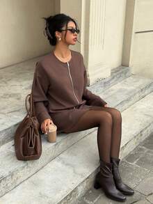 Siren Gaze 女士纯色圆领长袖拉链宽松上衣和A字裙两件套 - 咖啡棕 - 查看 6