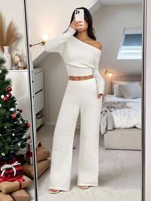 SHEIN PETITE 女式纯白色不对称领口长袖上衣和裤子休闲针织套装，适合休闲、居家和日常穿着 - 白色 - 查看 12