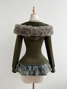 Women's Fitted Zip-Up Sweatshirt With Detachable Faux Fur Collar, Sweet & Cool Girl Style, Autumn/Winter - Army Green - View 2