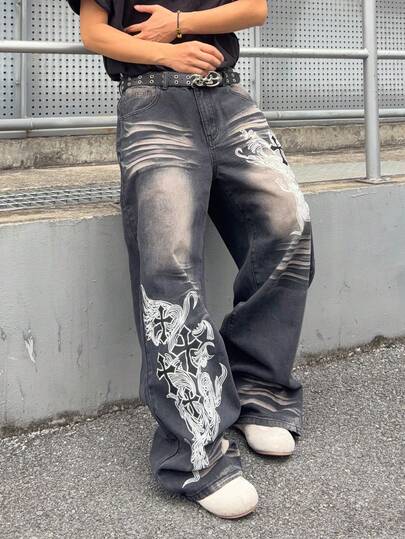 Jeans holgados y sueltos con patrón bordado lavado para hombres