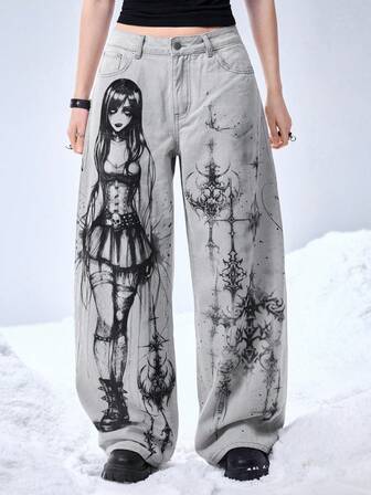 Grunge Punk Jeans larges et amples avec imprimé graphique de symbole cyber et portrait de dessin animé