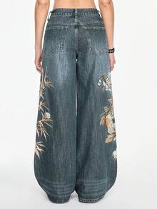 ROMWE Grunge Punk Spring/SummergraphicUnisex Retro Street-Style Chinese Tiger & Floral Embroidery Loose Wide-Leg Jeans - Blue - View 2