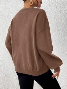 SHEIN VCAY V领落肩毛衣，秋冬季长袖上衣