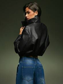 Denimoi High Neck Zip Front Cinched Waist Faux Leather Jacket - Black - View 3