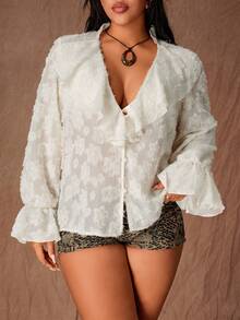 Sunspun Blusa plus size sexy e elegante com decote em V, babados em jacquard e mangas compridas, ideal para festas, Dia dos Namorados e encontros românticos. - Damasco - Ver 1