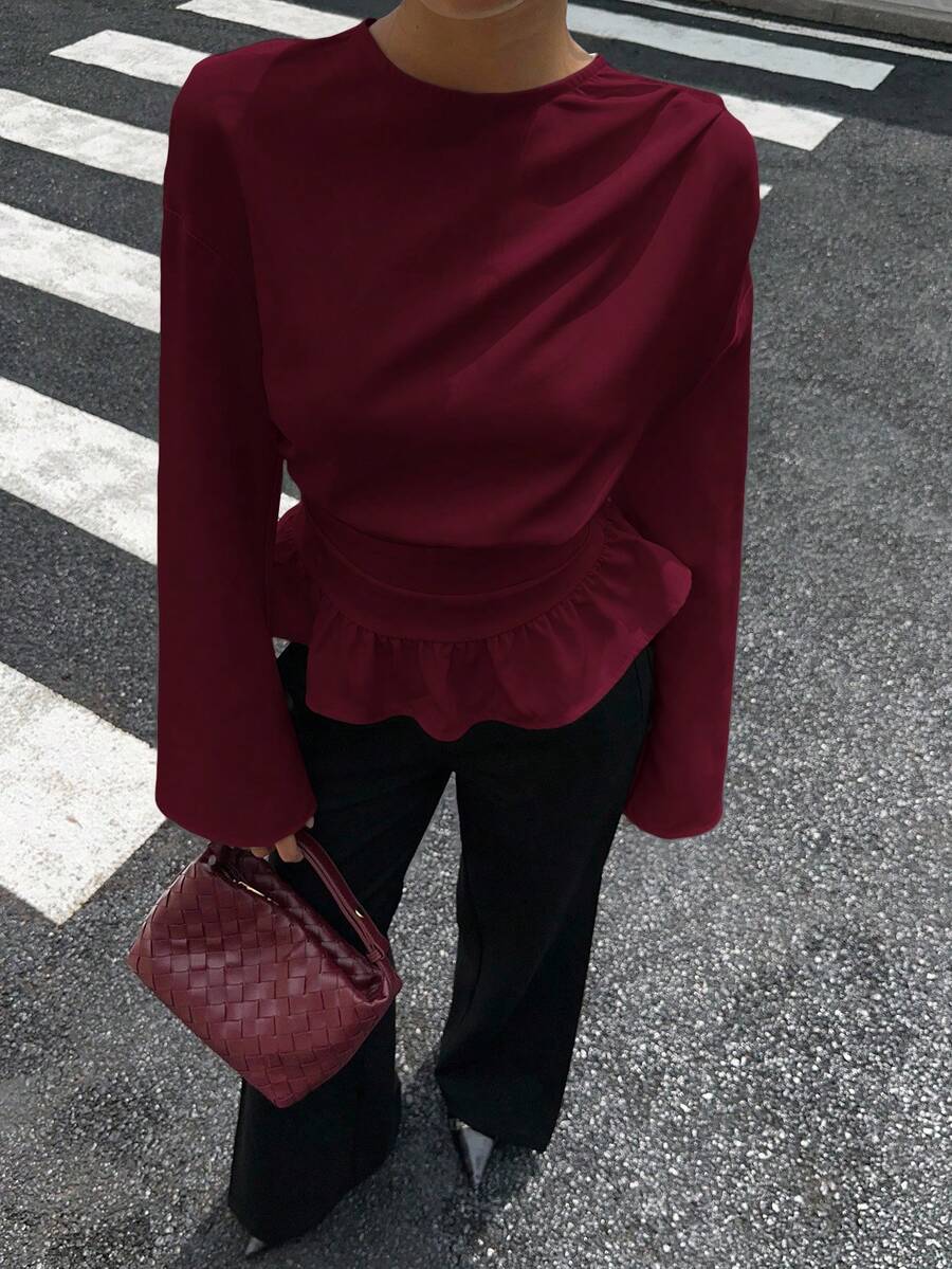Siren Gaze Ruched Drape Long Sleeve Blouse, Crew Neck Pullover Top, Christmas For Women, Elegant Blouses For Women, New Year Casual Spring Valentine's Day - Burgundy - View 1