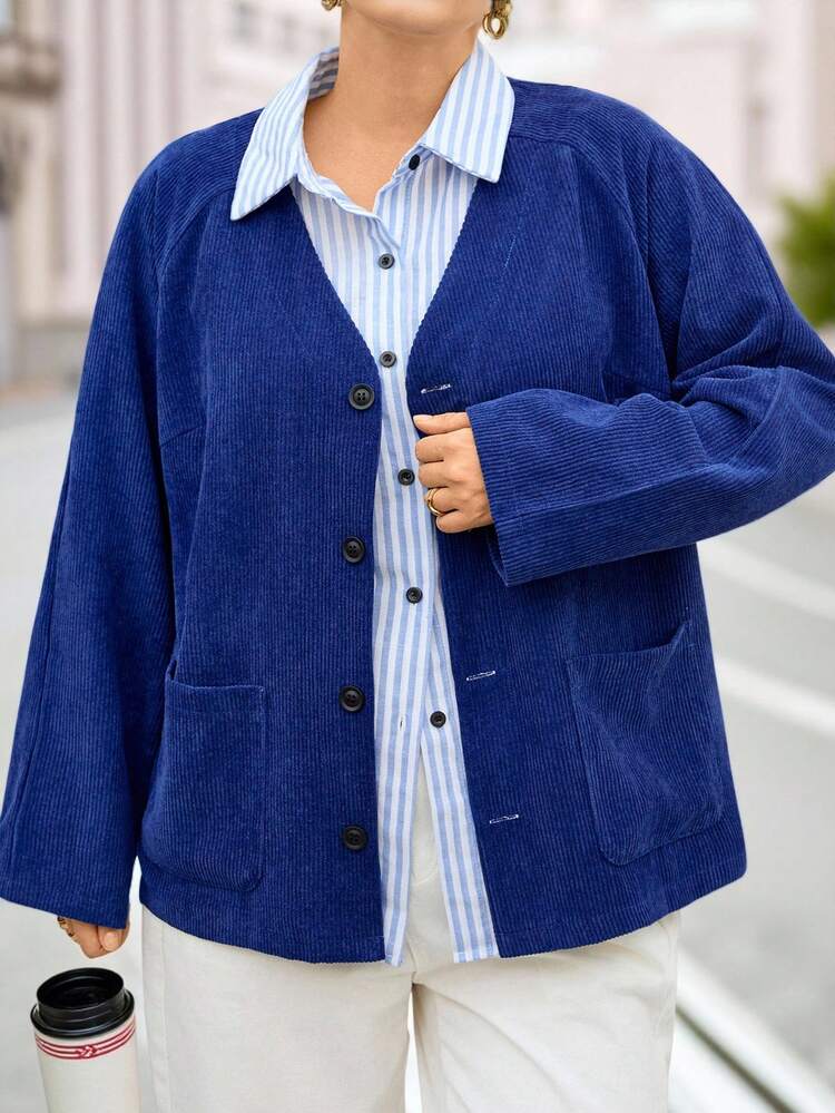 Plus Size Women's Winter Casual Long Sleeve Solid Blue Corduroy Coats With Pockets, Autumn,Fall,Vintage,Going Out,2025 New,Christmas,New Year,Thanksgiving
