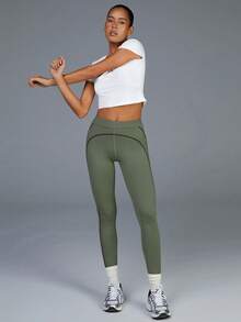 Menodora SHEIN Sport Women's High-Waisted Leggings,Army Green,Summer,Athletic,Gym,Soft Stretchy Fabric,Stylish Contrast Stitching,Sculpting Slim Fit,Moisture-Wicking Yoga - Dark Green - View 1