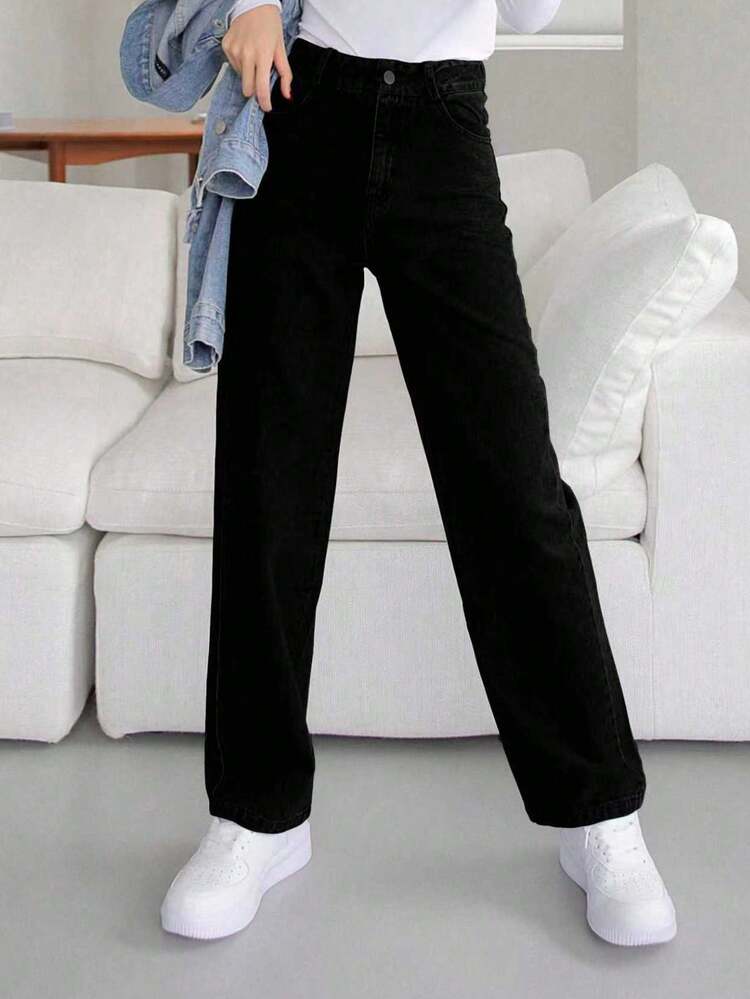 DAZY Women's High Waist Pockets Straight Loose Casual Versatile Denim Jeans - Black - View 3