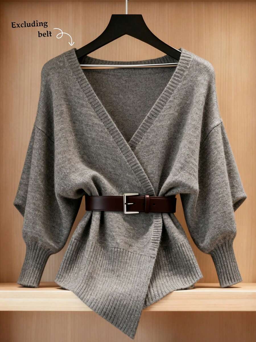 Franclia Cárdigan de punto casual de manga larga con hombros caídos y unicolor para mujer, otoño/invierno - Gris - Ver 1