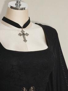 SHEIN ICON 两件套加大码女式蕾丝拼接黑色长袖上衣和裙子套装 - 黑色 - 查看 6