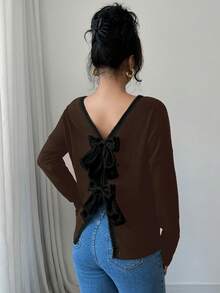 Elenzga Women's Autumn Bowknot Decorated Long Sleeve Fashion T-Shirt Graphic Tees Women Tops For Spring - Coffee Brown - View 3