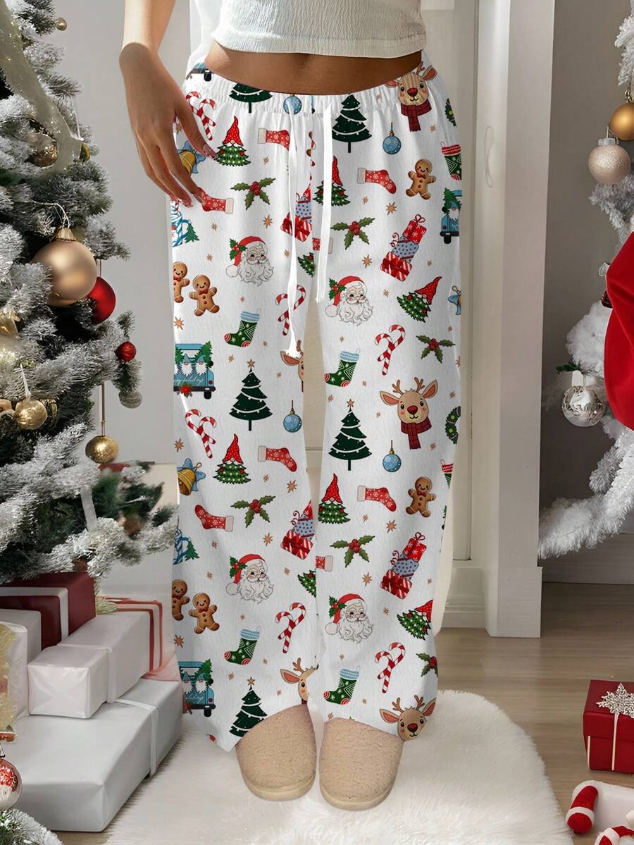 Aloruh Quần dài in hình cây thông Noel và tuần lộc Giáng sinh dễ thương, thoải mái, cạp trễ thanh lịch, thích hợp đi chơi hộp đêm - Nhiều màu - Xem 1