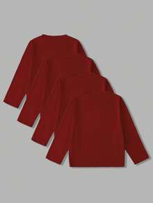 4pcs/Set Young BoyCasual Solid Color Versatile Crew Neck Long Sleeve T-Shirts, Suitable For All Seasons - Burgundy - View 2