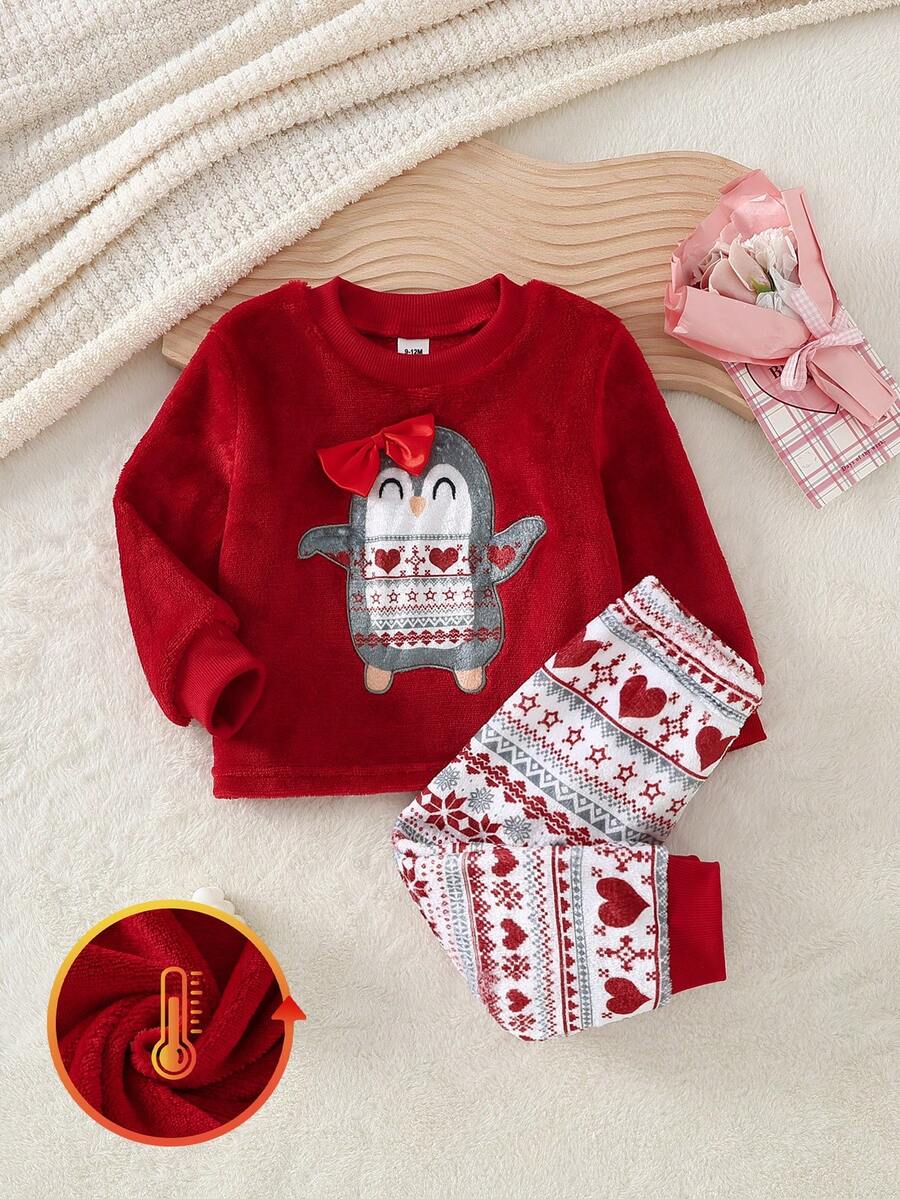 SHEIN Genkimix Kids 少女2件組冬季睡衣套裝,紅色企鵝刺繡絨毛上衣 & 費爾島圖案長褲,保暖珊瑚絨家居服,秋季仙女家庭套裝 - 紅色 - 查看 1