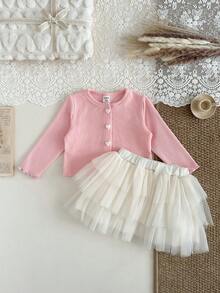 SHEIN Baby Girl Cute Pink Faux Fur Fabric Round Neck Long Sleeve 3-Layer Tulle Cake Dress Set, Versatile For Autumn/Winter - Pink - View 8
