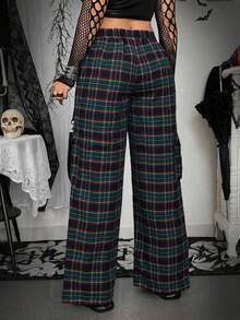 Whyspr 大码女式万圣节格子阔腿朋克休闲工装裤 - 墨綠色 - 查看 2