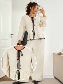 Lounesse Plus Size Women's Black Round Neck Drawstring Contrast Color 2 Pieces Casual Set - Apricot - View 1