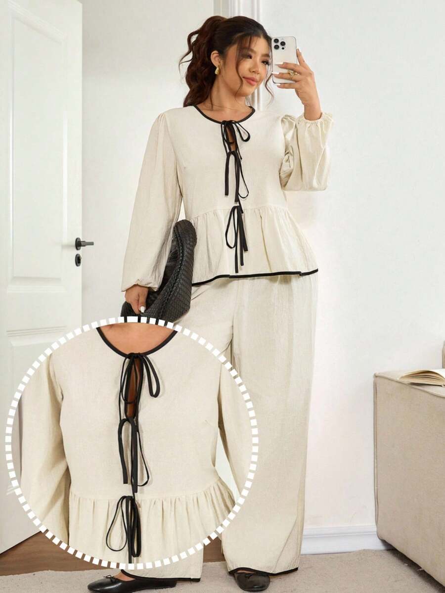 Lounesse Plus Size Women's Black Round Neck Drawstring Contrast Color 2 Pieces Casual Set - Apricot - View 1