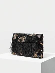 MOTF PREMIUM LADIES ELEGANT FLORAL PATTERN BEAD MATERIAL CLUTCH BAG ENVELOPE BAG WITH ARTIFICIAL FEATHER DECORATION,VALENTINES DAY - Black gold - View 3