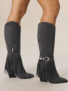 Styleloop Women's Over-The-Knee Woven Boots, Suitable For Vacation, Boho, Western, And Music Festival Styles - Dark Grey - View 4