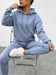 Dos conjuntos de pantalones de suéter elegantes para mujeres - suéter de capucha con cordón de extracción, 100% tejido de poliéster suave y ligero, bolsillo de canguro con pantalones elásticos, adecuado para varias ocasiones - Gris azulado - Ver 2