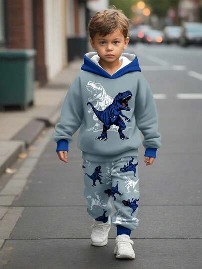 SHEIN 2 delar set med långärmad huvtröja för pojkar, lös passform, sportig och avslappnad, snygg och bekväm, dinosaurietryck, lämplig för höst och vinter, dinosauriekläder, gröna barnkläder, gröna