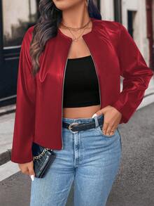 SHEIN LUNE Plus Size Casual Solid Color Cropped Bomber Jacket, Suitable For Autumn Fall Winter Cloth For Women - Red - View 5