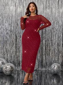 Gownix Bộ váy dài tay lưới mỏng đính đá Rhinestone trang trí cỡ lớn và váy ngủ - Màu Đỏ Sâu - Xem 5