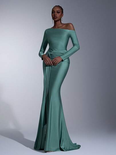 Elitara Elegant, Romantic, Fashionable, Gray-Green, Elastic Knit Fabric, Long Sleeve, Pearl Decor, Backless, Fishtail Hem, Trailing, Influencer, Holiday, Vacation, Birthday Party, Wedding Event, Bridesmaid Dress