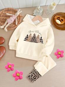 SHEIN 圣诞快乐，柔和的奶油色调，复古豹纹圣诞树，女婴休闲连帽卫衣和裤子两件套，甜美休闲，适合秋冬日常穿着，圣诞派对，街头风格，家居 - 彩色 - 查看 2