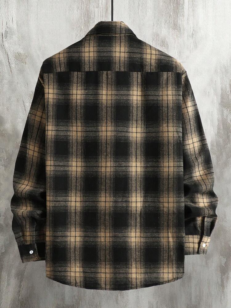 Manfinity Homme 男士格子长袖单排扣休闲宽松衬衫，黑色和卡其色可选，适合日常休闲、周末旅行、户外活动、探险旅行、轻松的工作环境或半正式场合，也是送给男友/丈夫、周年纪念/生日、派对、圣诞节、新年、婚礼等场合的理想礼物。 - 卡其色 - 查看 2