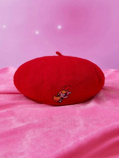 THE POWERPUFF GIRLS X SHEIN 女士日常花卉刺绣贝雷帽，秋冬款