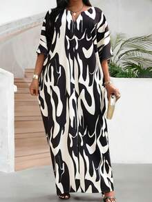 SHEIN Lady 秋冬休闲白色编织翻领裹身连体袖长款连衣裙，大码女装，秋季女装，外出服，四季皆宜的复活节连衣裙，女士沙滩装，商务休闲女装 - 黑與白 - 查看 3