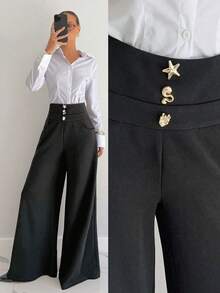 Siren Gaze Women's Minimalist Commuter Elegant Metal Buckle Decor Wide Leg Pants, Black Winter Dress Pants Thanksgiving Old Style - Black - View 1