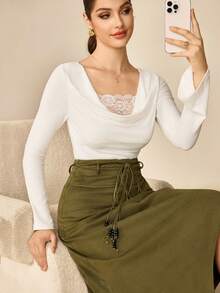 Modelyn Blusa de manga larga ajustada con parches de encaje - Blanco - Ver 9
