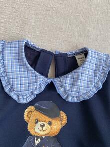 PrepCrw Bộ 2 chiếc áo nỉ dệt kim dáng rộng màu xanh navy và chân váy mini xếp ly kẻ sọc xanh trắng dễ thương cho bé gái, thích hợp cho các dịp trở lại trường, đi chơi thường ngày, du lịch, tiệc tùng, ngày lễ, mùa thu, mùa đông, mùa xuân - Màu xanh hải quân - Xem 5