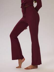 Musera Sport 运动蕾丝边针织修身喇叭瑜伽裤家居服优雅休闲运动健身返校普拉提冬季 - 酒紅色 - 查看 3